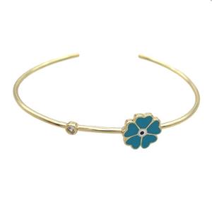 Copper Bangle Teal Enamel Flower Gold Plated, approx 14mm, 55-65mm