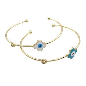 Copper Bangle Enamel Clover Evil Eye Gold Plated Mixed, approx 14mm, 55-65mm