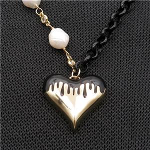 Copper Necklace Black Lacquered Heart Pearl Gold Plated, approx 25mm, 6mm, 44-50cm length