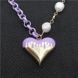 Copper Necklace Lavender Lacquered Heart Pearl Gold Plated, approx 25mm, 6mm, 44-50cm length