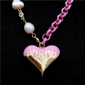 Copper Necklace Pink Lacquered Heart Pearl Gold Plated, approx 25mm, 6mm, 44-50cm length