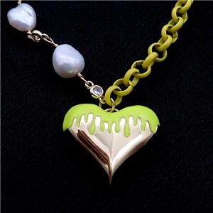 Copper Necklace Olive Lacquered Heart Pearl Gold Plated, approx 25mm, 6mm, 44-50cm length