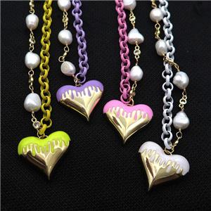 Copper Necklace Lacquered Heart Pearl Gold Plated Mixed, approx 25mm, 6mm, 44-50cm length