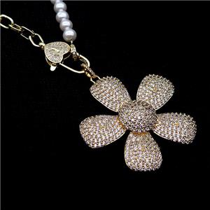 Copper Necklace Sunflower Pave Zircon Pearlized Glass Gold Plated, approx 50mm, 6mm, 48cm length