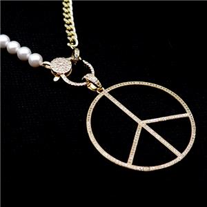 Copper Necklace Peace Sign Pave Zircon Pearlized Glass Gold Plated, approx 42mm, 6mm, 48cm length
