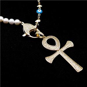 Copper Necklace Cross Pave Zircon Pearlized Glass Gold Plated, approx 33-48mm, 6mm, 48cm length