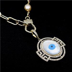 Copper Necklace Eye Pave Zircon Pearl Gold Plated, approx 30mm, 8-9mm, 48cm length