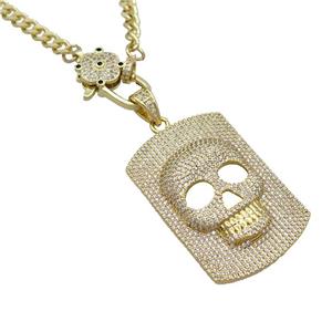 Copper Necklace Skull Pave Zircon Gold Plated, approx 40-45mm, 50cm length