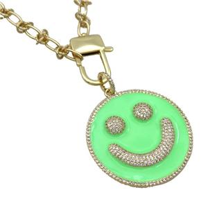 Copper Necklace Emoji Pave Zircon Green Enamel Happyface Gold Plated, approx 38mm, 6mm, 50cm length