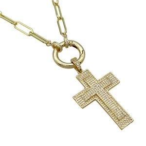 Copper Necklace Cross Pave Zircon Gold Plated, approx 28-40mm, 5-15mm, 50cm length