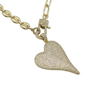 Copper Necklace Heart Pave Zircon Gold Plated, approx 30-40mm, 7-16mm, 50cm length