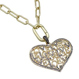 Copper Necklace Heart Pave Zircon Gold Plated, approx 35-47mm, 7-16mm, 50cm length