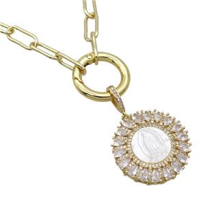 Copper Necklace Circle Pave Zircon VirginMary Shell Gold Plated, approx 30mm, 7-16mm, 50cm length