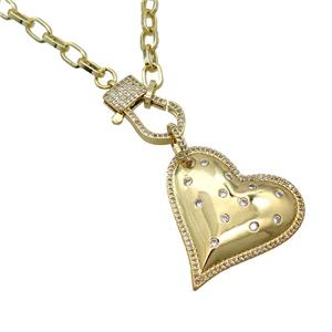 Copper Necklace Heart Pave Zircon Gold Plated, approx 35mm, 5.5-8mm, 50cm length
