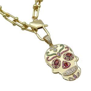 Copper Necklace Skull Pave Zircon Gold Plated, approx 28-36mm, 10-16mm, 50-55cm length