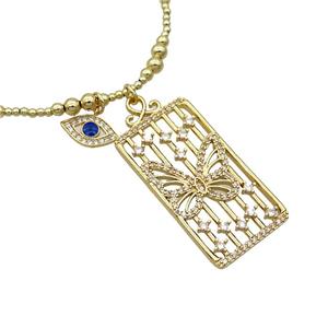 Copper Necklace Rectangle Card Pave Zircon Eye Gold Plated, approx 20-40mm, 7.5-13mm, 42-47cm length