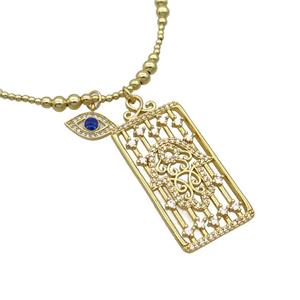 Copper Necklace Rectangle Card Pave Zircon Eye Gold Plated, approx 20-40mm, 7.5-13mm, 42-47cm length