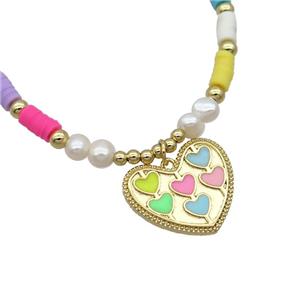 Copper Necklace Heart Multicolor Enamel Clay Pearl Gold Plated, approx 22mm, 4mm, 38-43cm length