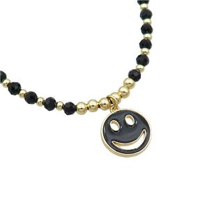 Black Crystal Glass Copper Necklace Black Enamel Emoji Gold Plated, approx 15mm, 4mm, 38-43cm length