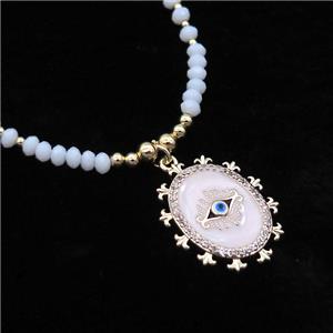 White Crystal Glass Necklace White Enamel Eye Gold Plated, approx 20-24mm, 3.5mm, 38-43cm length