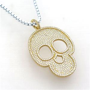 White Lacquered Copper Necklace Skull Pave Zircon Gold Plated, approx 35-45mm, 3mm, 38-43cm length