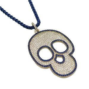 Darkblue Lacquered Copper Necklace Skull Pave Zircon Gold Plated, approx 35-45mm, 3mm, 38-43cm length