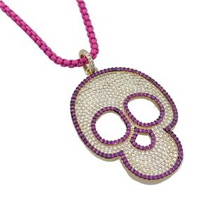 Hotpink Lacquered Copper Necklace Skull Pave Zircon Gold Plated, approx 35-45mm, 3mm, 38-43cm length