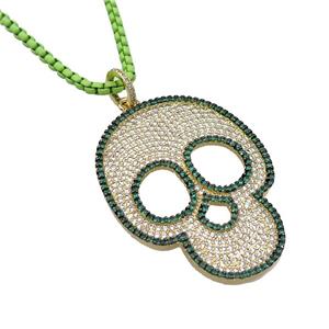 Olive Lacquered Copper Necklace Skull Pave Zircon Gold Plated, approx 35-45mm, 3mm, 38-43cm length