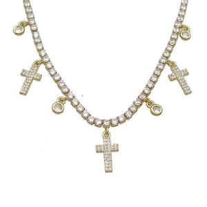 Copper Necklace Pave Crystal Glass Cross Gold Plated, approx 8-12mm, 4mm, 2.5mm, 36-43cm length