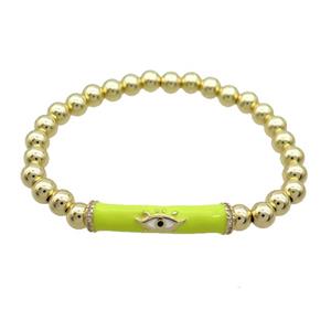 Copper Bracelet Yellow Enamel Evil Eye Pave Zircon Stretchy Gold Plated, approx 7-30mm, 6mm