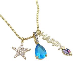 Copper Necklace Star HAPPY Pave Zircon Crystal Glass Gold Plated, approx 17mm, 10-14mm, 7-35mm, 2mm, 45-50cm length