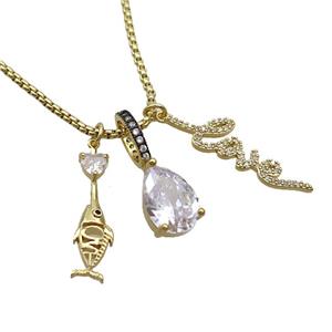 Copper Necklace Fish LOVE Pave Zircon Crystal Glass Gold Plated, approx 10-14mm, 8-30mm, 10-30mm, 2mm, 45-50cm length