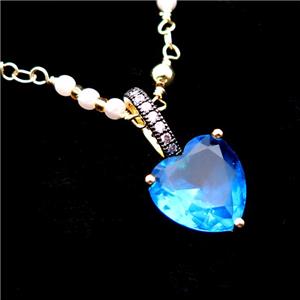 Copper Necklace Blue Heart Crystal Glass Pearlized Plastic Gold Plated, approx 13mm, 4mm, 45-50cm length