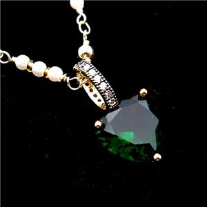 Copper Necklace Green Heart Crystal Glass Pearlized Plastic Gold Plated, approx 13mm, 4mm, 45-50cm length