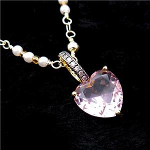 Copper Necklace Pink Heart Crystal Glass Pearlized Plastic Gold Plated, approx 13mm, 4mm, 45-50cm length