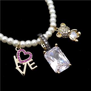 White Pearlized Plastic Necklace With LOVE Bear Crystal Glass, approx 10-14mm, 4mm, 40-45cm length