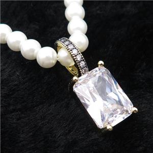 White Pearlized Plastic Necklace Pave Clear Crystal Glass Rectangle, approx 10-14mm, 5mm, 40-45cm length
