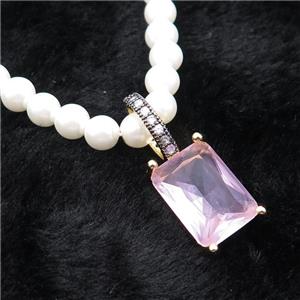 White Pearlized Plastic Necklace Pave Pink Crystal Glass Rectangle, approx 10-14mm, 5mm, 40-45cm length