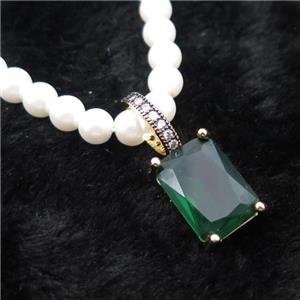 White Pearlized Plastic Necklace Pave Green Crystal Glass Rectangle, approx 10-14mm, 5mm, 40-45cm length