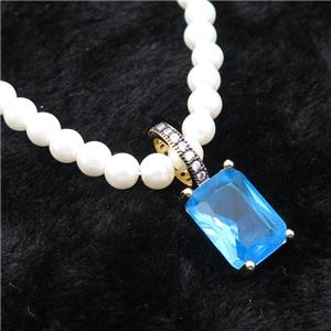 White Pearlized Plastic Necklace Pave Blue Crystal Glass Rectangle, approx 10-14mm, 5mm, 40-45cm length