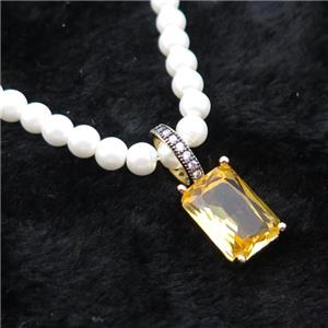 White Pearlized Plastic Necklace Pave Golden Crystal Glass Rectangle, approx 10-14mm, 5mm, 40-45cm length
