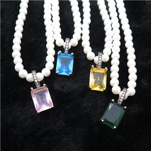 White Pearlized Plastic Necklace Pave Crystal Glass Rectangle Mixed, approx 10-14mm, 5mm, 40-45cm length