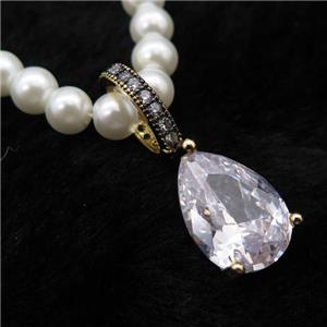 White Pearlized Plastic Necklace Pave Clear Crystal Glass Teardrop, approx 10-14mm, 5mm, 40-45cm length