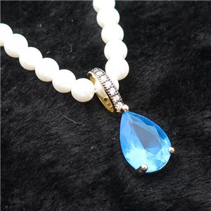 White Pearlized Plastic Necklace Pave Blue Crystal Glass Teardrop, approx 10-14mm, 5mm, 40-45cm length