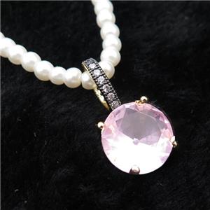 White Pearlized Plastic Necklace Pave Pink Crystal Glass Circle, approx 13mm, 4mm, 45-50cm length