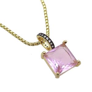 Copper Necklace With Pink Crystal Glass Square Gold Plated, approx 13mm, 2mm, 45-50cm length