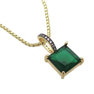 Copper Necklace With Green Crystal Glass Square Gold Plated, approx 13mm, 2mm, 45-50cm length