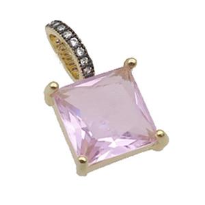 Copper Pendant Pave Pink Crystal Glass Square Gold Plated, approx 13mm