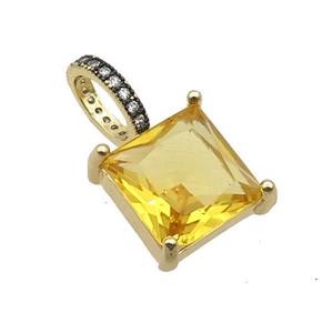 Copper Pendant Pave Golden Crystal Glass Square Gold Plated, approx 13mm