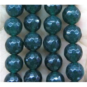 Agate beads, faceted round, dark-green, approx 10mm dia